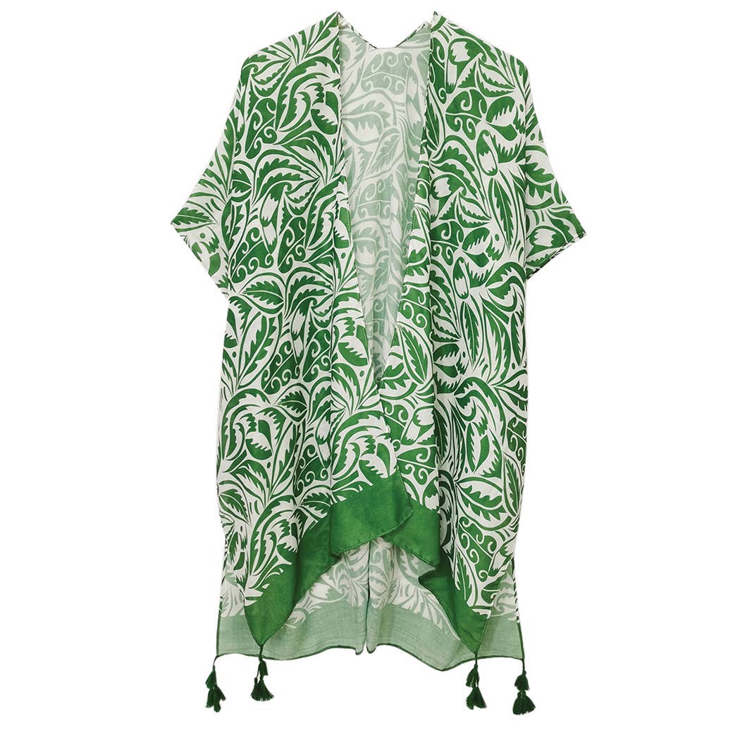 Floral Paisley Open Front Kimono: GRN / ONE SIZE