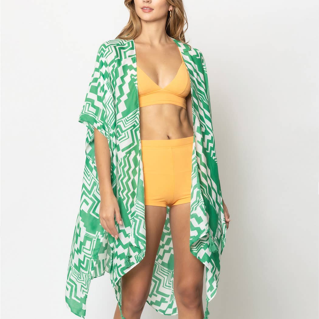 Geometric Print Open Front Kimono: RED / ONE SIZE