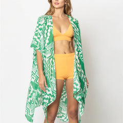 Geometric Print Open Front Kimono: GRN / ONE SIZE