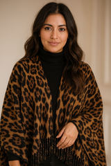 Leopard Poncho with Tassels