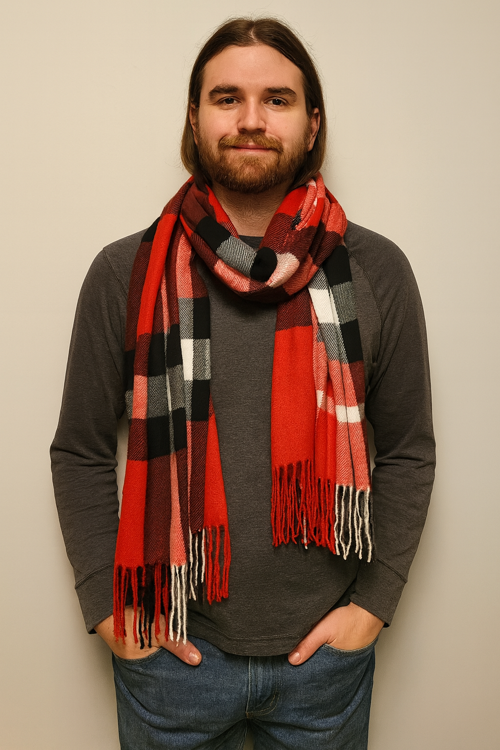 Unisex Beige Plaid Cashmere Scarf